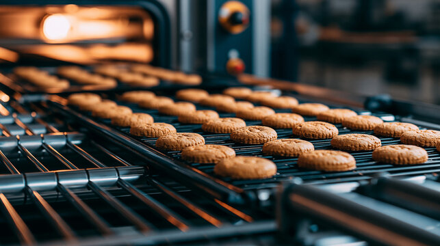 Rows of cookies baking on racks in a commercial oven with warm lighting