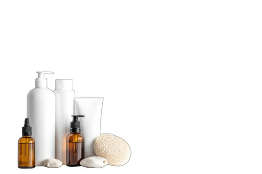 A sophisticated minimalist product photography composition featuring premium skincare and beauty products arranged on the left side of a pure white background. The collection includes a sleek white pu