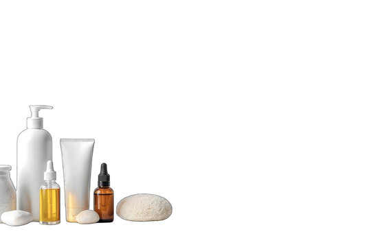 A sophisticated minimalist product photography composition featuring premium skincare and beauty products arranged on the left side of a pure white background. The collection includes a sleek white pu