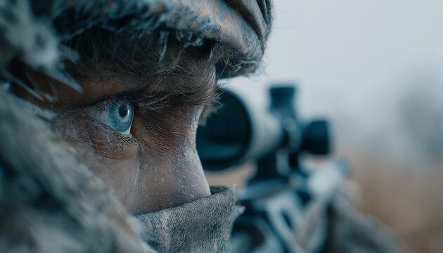 Soldier aims sniper rifle while observing target in a cold outdoor environment during a military operation