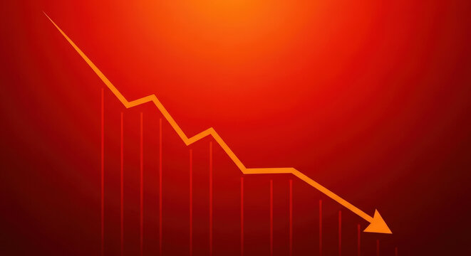 Financial Loss Chart Downtrend Concept Illustration Showing Decreasing Graph with Downward Arrow on Red Background Signifying Economic Crisis or Failure