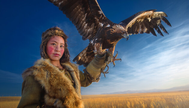 Portrait of a Mongolian girl with an eagle in a vast landscape