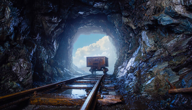 View from uranium mine shaft showing tunnel with train tracks and blue sky outside