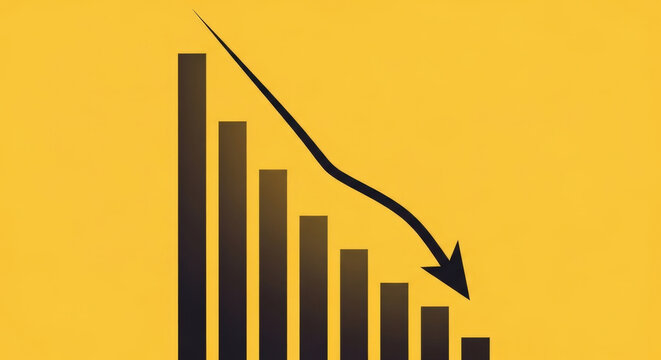 Financial Market Plunge Chart Showing Downward Trend with Decreasing Bar Graph and Falling Arrow on Yellow Backdrop Symbolizing Economic Recession Crisis