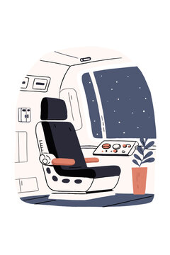 Futuristic Micro-Shuttle Interior with Curved Pilot Seat and Starfield View