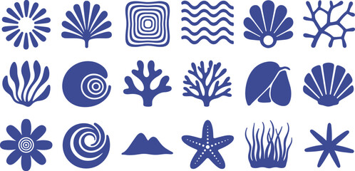 Blue Abstract Icons of Marine Life and Natural Elements on White Background shell starfish © Click Studio