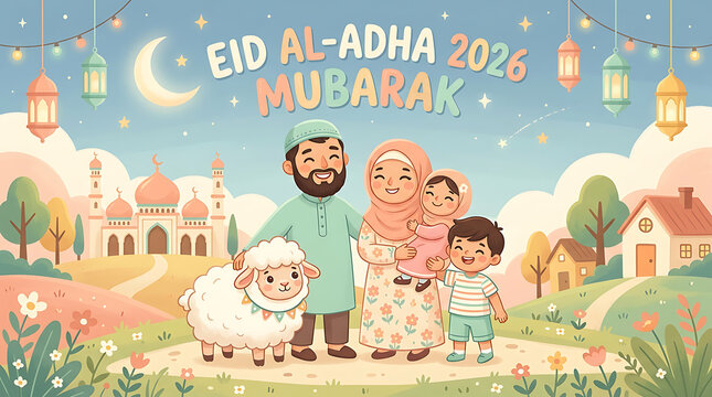 Happy eid al-adha 2026 celebration with family sheep mosques, kurban bayrami