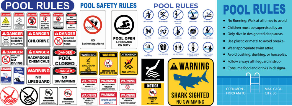 Swimming Pool Safety Sign Collection Rules Warning Labels and Instruction Symbol Vector Set