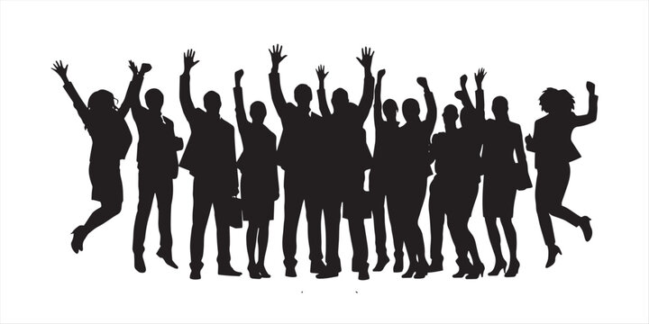Set of silhouettes showing diverse people jumping or celebrating with raised arms isolated on clean white background.