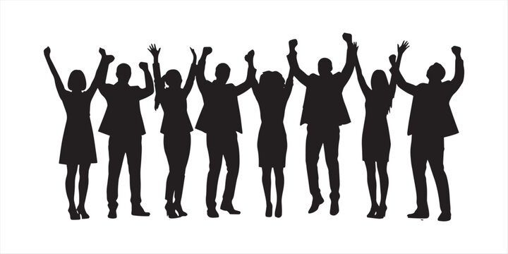 Silhouette of four people standing on acquisition sign with arms raised in celebration and success on white background