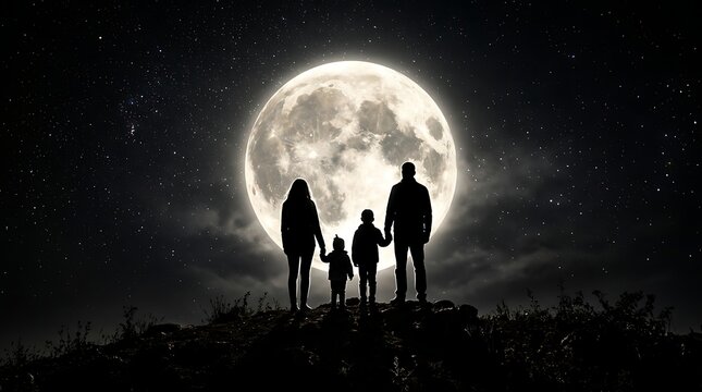 Silhouette of a family holding hands under a giant glowing full moon