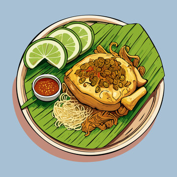 Traditional indonesian fried tofu tahu isi stuffed with vegetables served on banana leaf plate - Vector Illustration