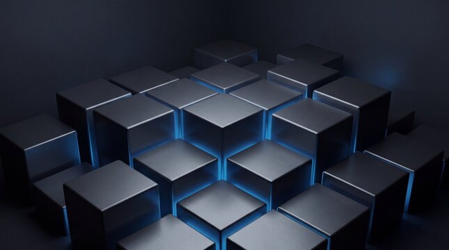 Modern minimalist dark mode workspace with glowing blue lines and futuristic design elements