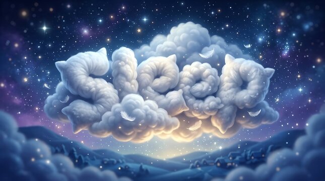Fluffy white cloud letters spelling sleep in a magical starry sky
