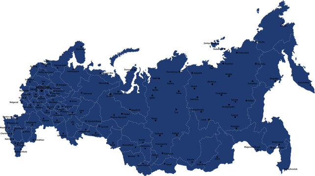 Detailed blue vector map of the Russian Federation featuring administrative borders, regional divisions, major cities, and geographic boundaries