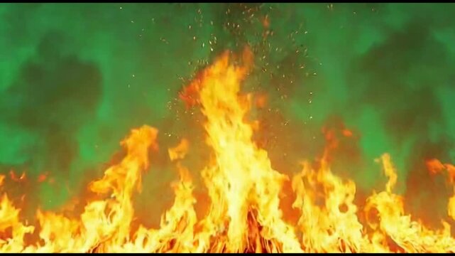 Intense raging fire flames rising upwards with green smoke background
