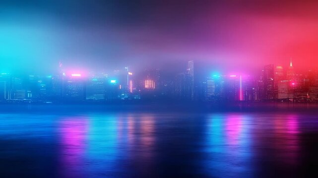 Bright lights flash in various colors as fog covers the city at night. Reflections dance on the water as the scene shifts, displaying the vibrant urban life