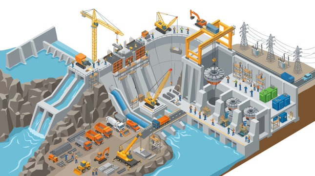 Illustration of a hydroelectric dam construction site with turbines, cranes, and workers