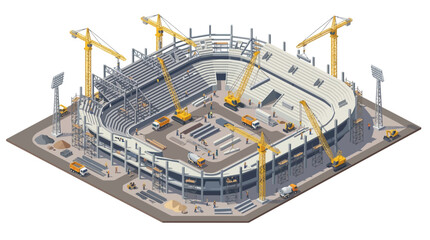 Construction of a large sports stadium from an isometric perspective, featuring cranes, heavy machinery, and building materials © OSTI