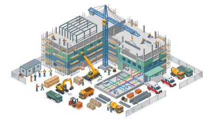 Isometric view of a construction site with cranes, heavy machinery, and building structures, illustrating industrial development and urban growth © OSTI