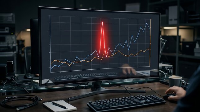 Data visualization on computer screen with significant market spike