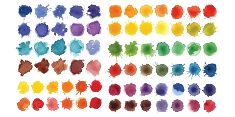 Fototapeta premium Set of colorful watercolor paint splashes and ink blots in many different bright vibrant shades