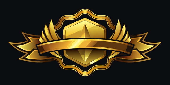 Golden shield emblem with wings and ribbon banner, vector