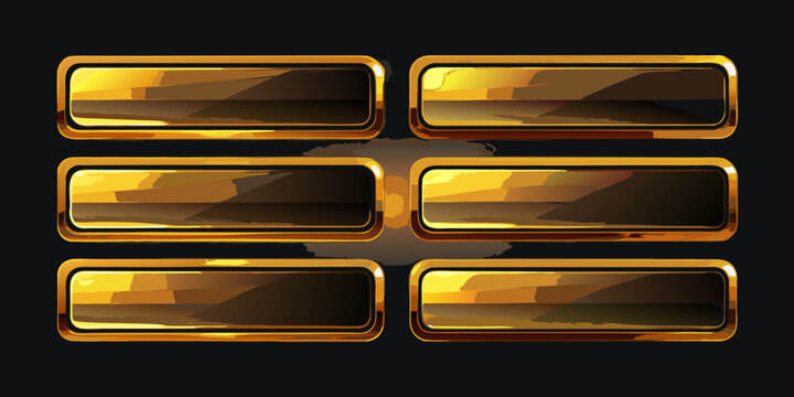 Set of golden glossy rectangular game interface buttons, vector