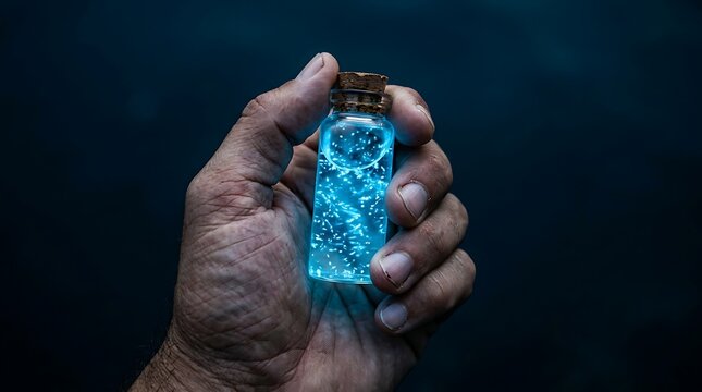 Close up of a hand holding a glowing blue magic potion vial