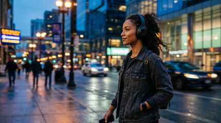 Obraz premium Woman listening to music in city street