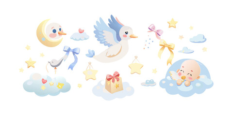 Obraz premium Cute nursery collection with stork bird and sleeping infant, vector