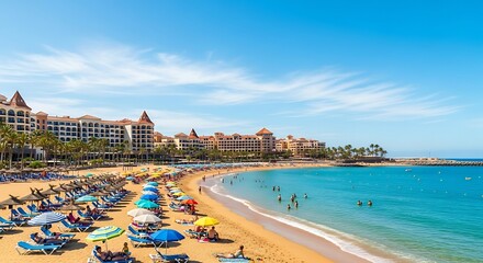 Sunny resort beach with vacationers enjoying sea, sand, umbrellas, and large hotel buildings