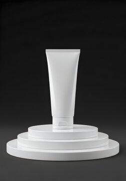 Blank White Cosmetic Squeeze Tube Mockup on Multi-Tiered Glossy Podium over Black Background