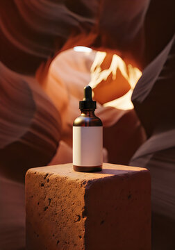 Luxury Skincare Serum Bottle Mockup in Desert Canyon Lighting | Premium Cosmetic Product Display
