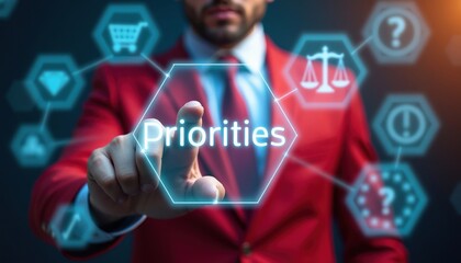 Obraz premium Businessman in red suit interacts with digital interface selecting Priorities option. Futuristic display shows icons for shopping, gems, scales, question marks, and exclamation.