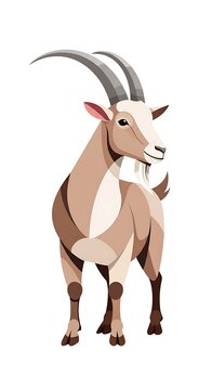 Stylized, light brown goat with large, curved horns and beard, standing