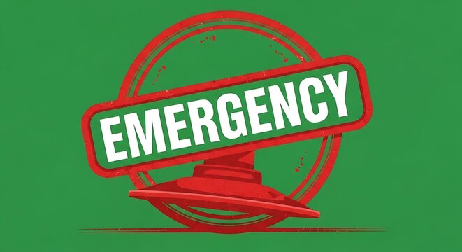 Stylized red stamp with "EMERGENCY" in white text on green background