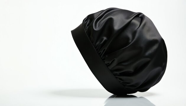 Sleek black satin bonnet rests on clean white surface. Smooth shiny fabric covers head for hair protection overnight. Soft elastic band ensures comfortable fit during sleep.