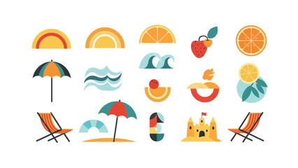 Summer Vacation Icons: A vibrant collection of colorful summer icons, including beach chairs, umbrellas, waves, fruits, and a sandcastle, perfect for vacation and travel themes. © Abu