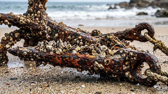 A close-up view of a heavily rusted old anchor and chain covered in barnacles on a wet sandy beach with the ocean in the background.