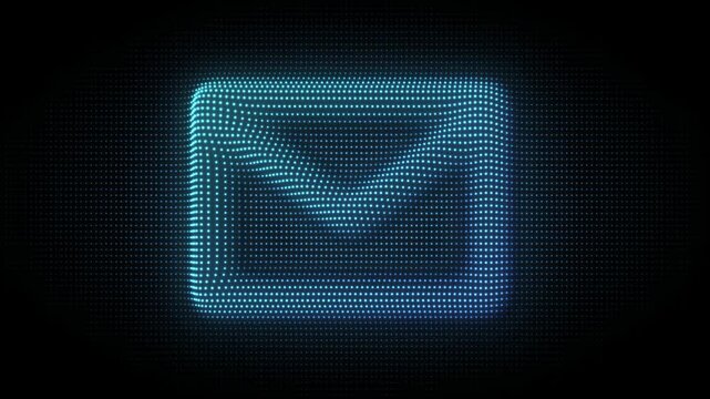 Blue 3D Envelope Symbol Particle Animation on Dark Background, Glowing Dot Grid Rotating Animation Motion Graphics Seamless Loop, 4K