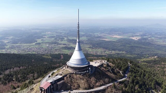 Jested Tower On Mountain Top Overlooking Liberec Cityscape With Futuristic Spire And Panoramic Views in Liberec, Czech Republic