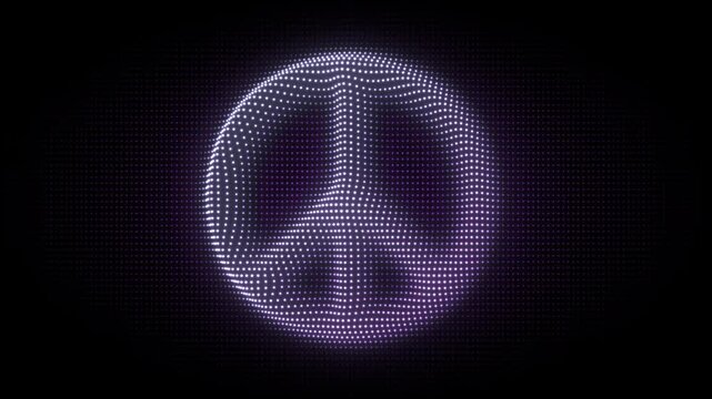 Purple 3D Peace Symbol Particle Animation on Dark Background, Glowing Dot Grid Rotating Animation Motion Graphics Seamless Loop, 4K