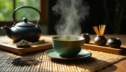 Fototapeta premium Steaming green tea in cup with teapot and tea leaves on bamboo mat. Hot beverage served in studio. Calm zen moment with traditional ware. Morning ritual. Peaceful brew.