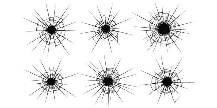 Set of six black broken glass cracks and bullet hole designs on a flat surface