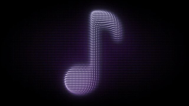 Purple 3D Music Note Symbol Particle Animation on Dark Background, Glowing Dot Grid Rotating Animation Motion Graphics Seamless Loop, 4K