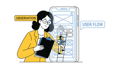 Naklejka premium UX Researcher Analyzing Mobile App Interface Wireframe User Flow