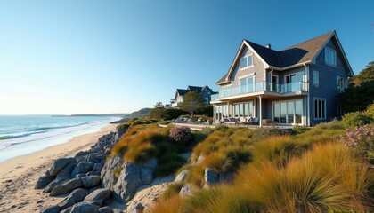 Fototapeta premium Large grey house with ocean view sits on rocky cliff. Beach waves crash near green grass and pink flowers. Luxury property offers quiet seaside escape.