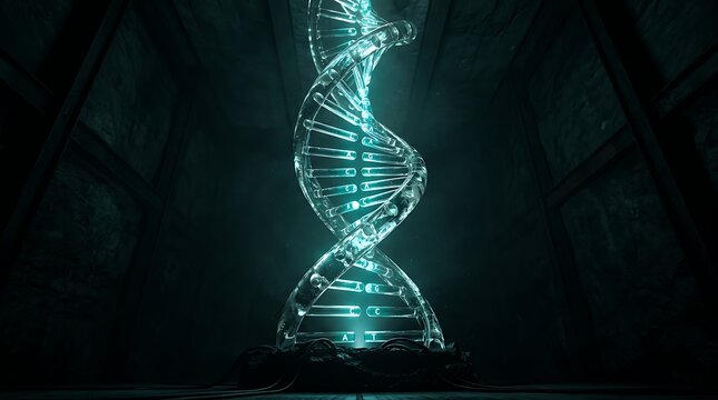 Glowing cyan dna helix structure in a dark industrial lab environment