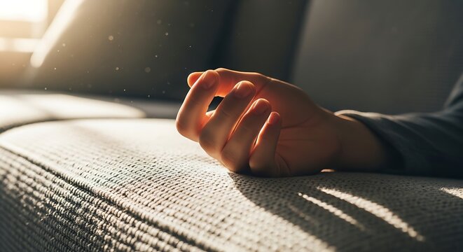 Sunlight streams across a resting hand on a textured couch, illuminating dust motes